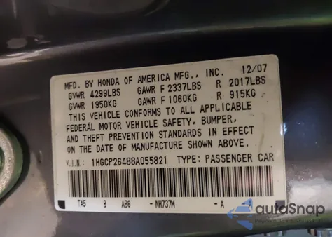2008 Honda Accord 2.4 Lx-P from USA, damaged, VIN 1HGCP26488A055821